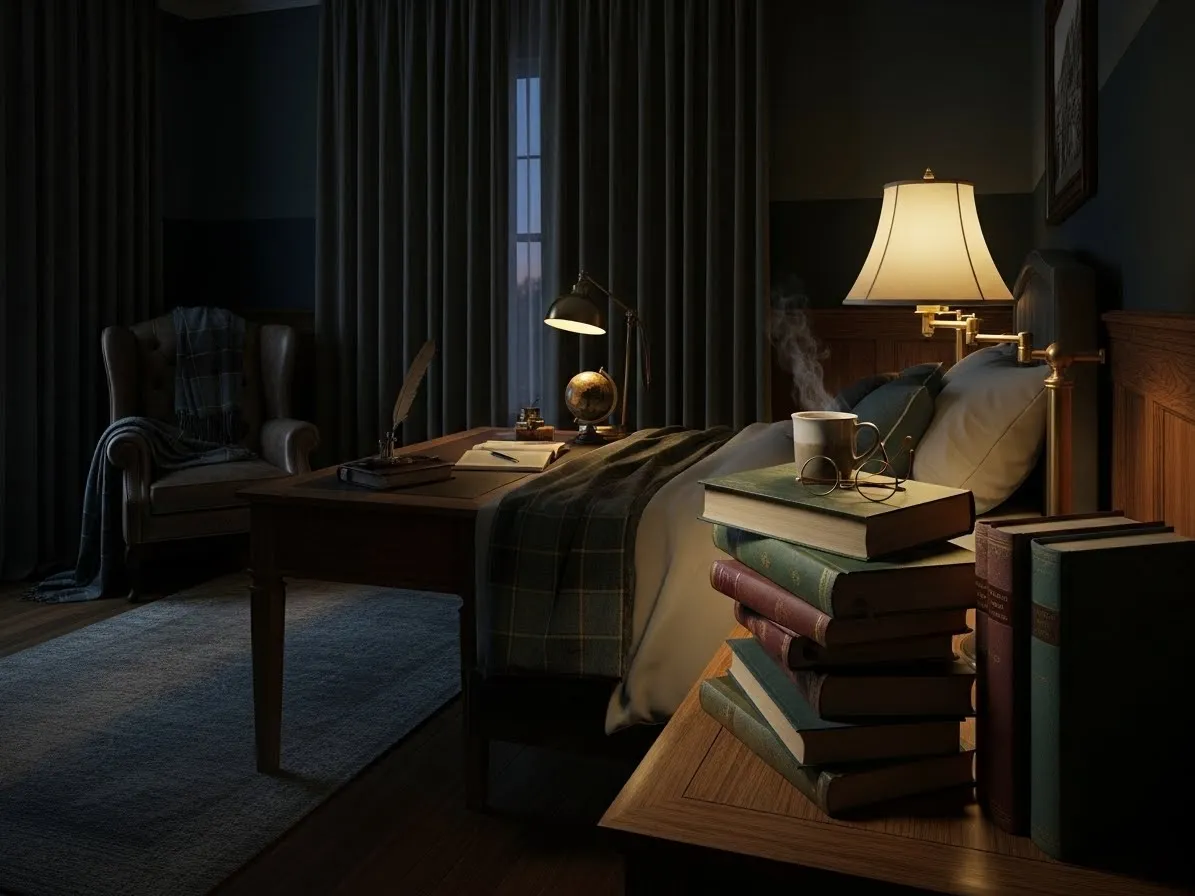 Textured rug adding warmth and depth to a dark academia bedroom