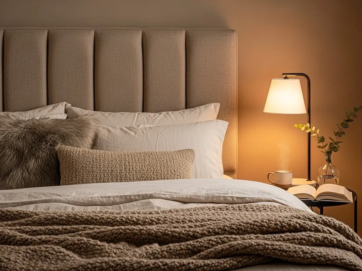 Textured upholstered headboard adding depth and comfort to a cozy bedroom.