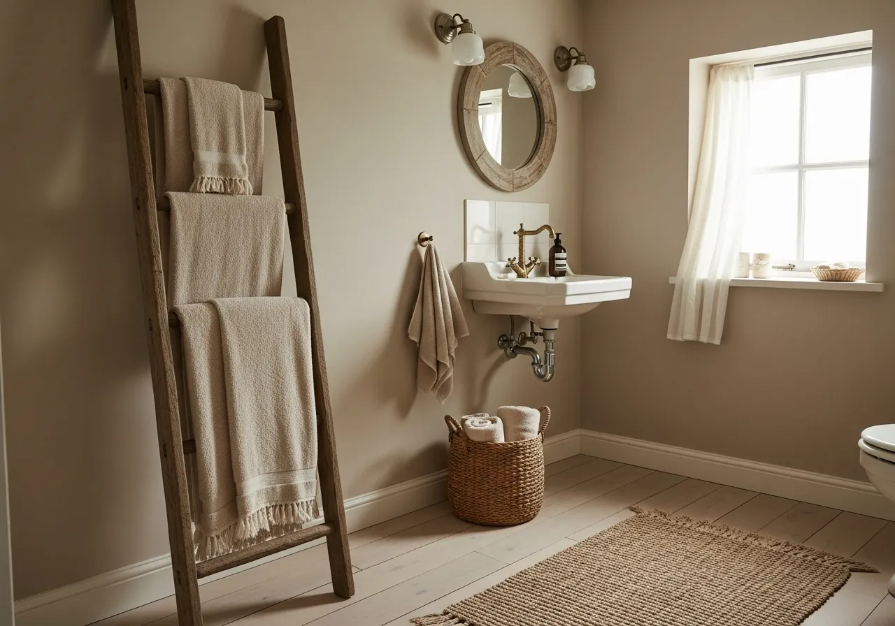 Cottage bathroom ideas with wooden towel ladder