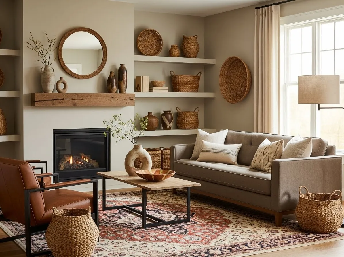 Warm earthy living room mixing traditional decor with modern design elements