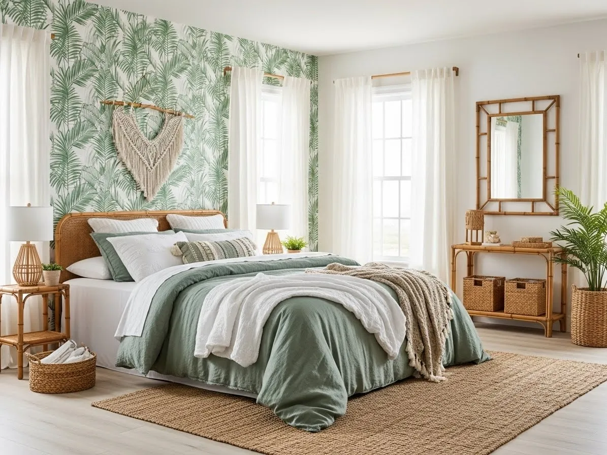 “Tropical boho coastal bedroom with palm wallpaper and sage green accents”