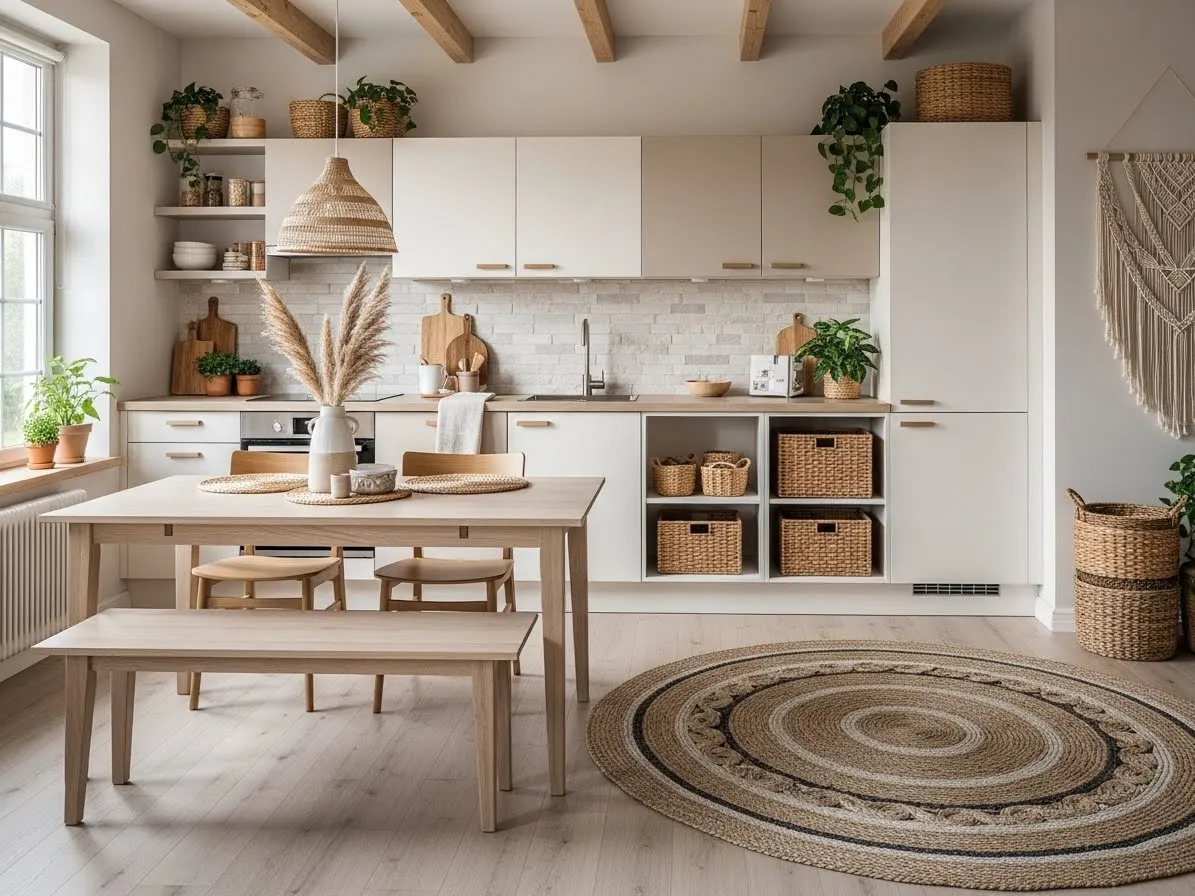 Boho kitchen ideas with tropical accents, rattan furniture, and plenty of greenery.