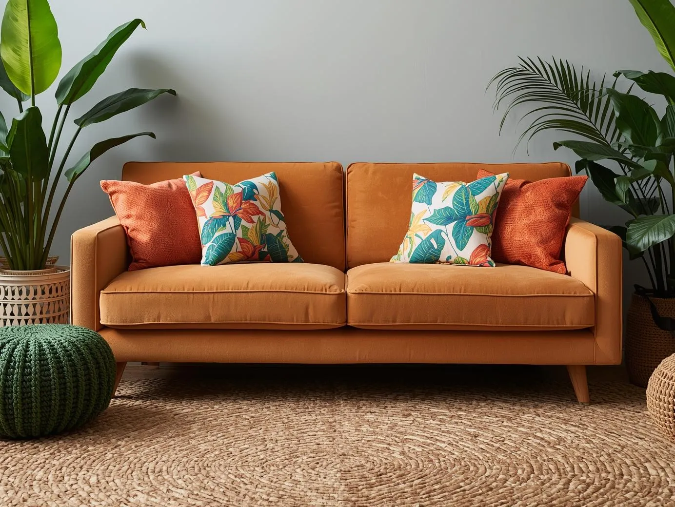  Cozy seating styled with tropical accents in a jungle living room.