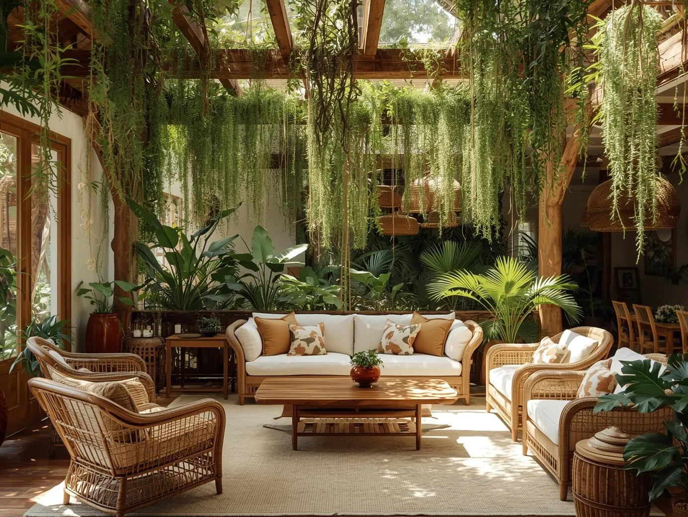 Hanging tropical plants adding vertical interest in a jungle living room.