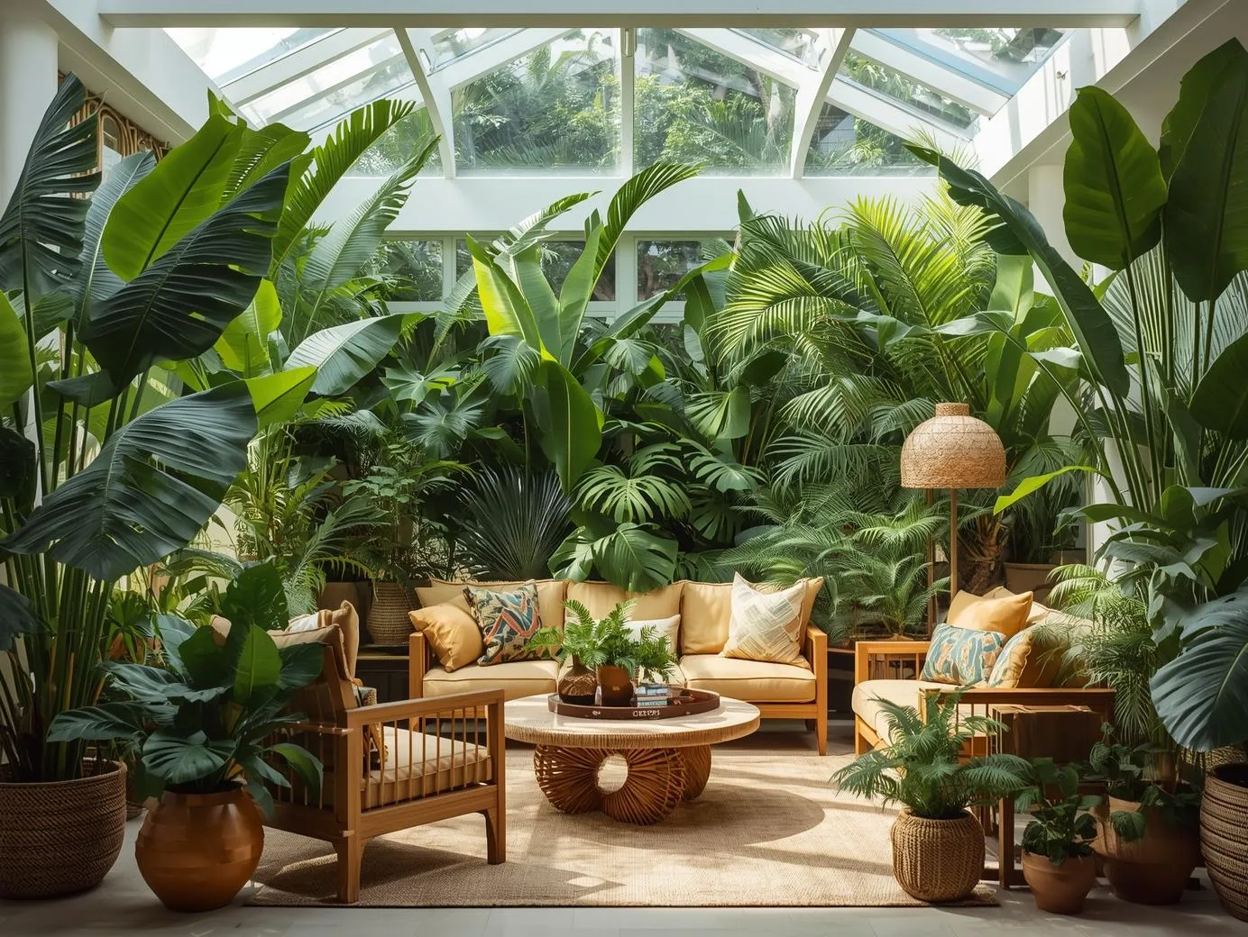 A living room filled with lush greenery creating a tropical jungle living room vibe.