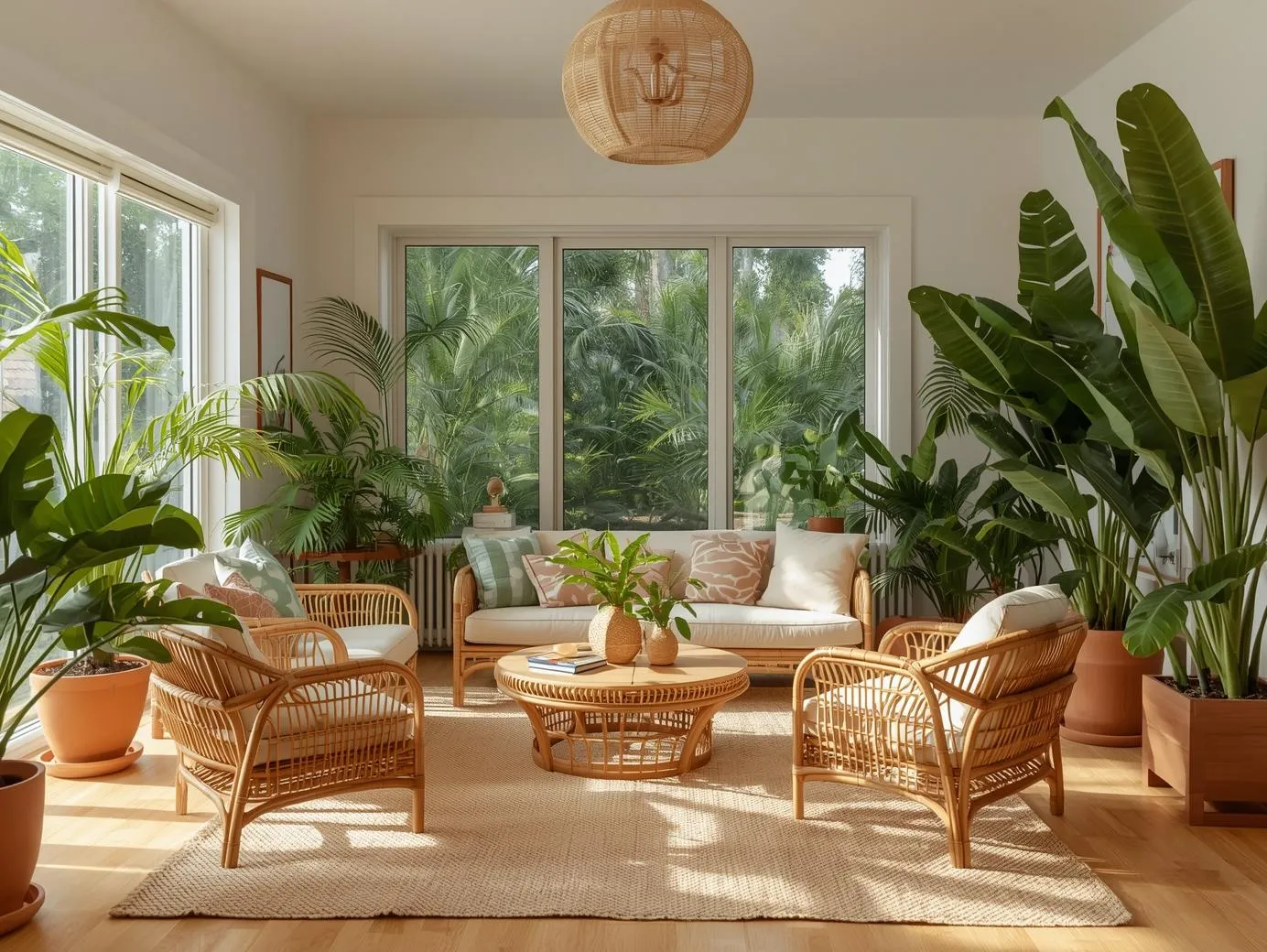 Rattan and wicker furniture in a tropical jungle living room design.