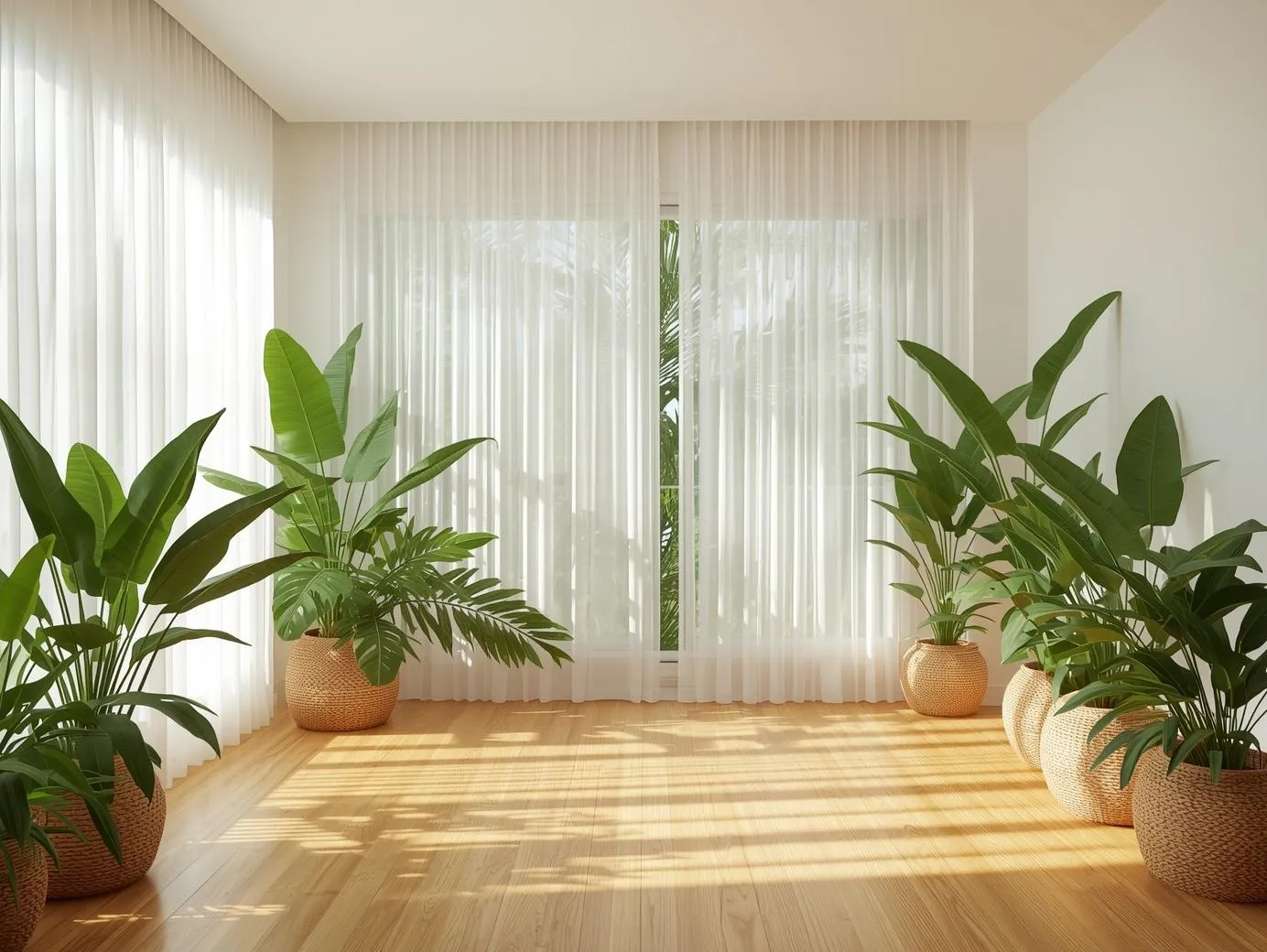 Sheer curtains in a tropical jungle living room brightening the space.