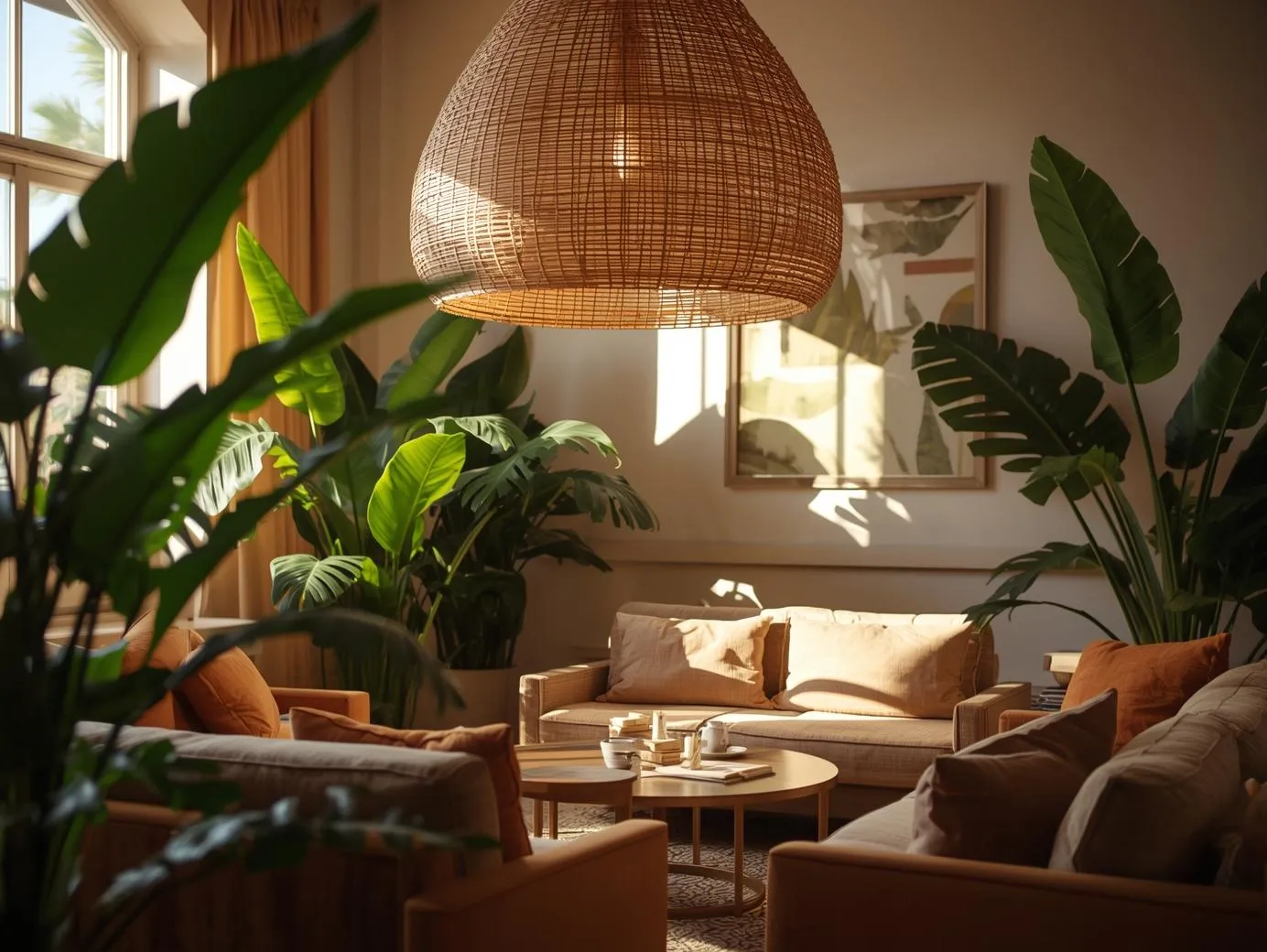 A bamboo pendant light in a tropical jungle living room setting.