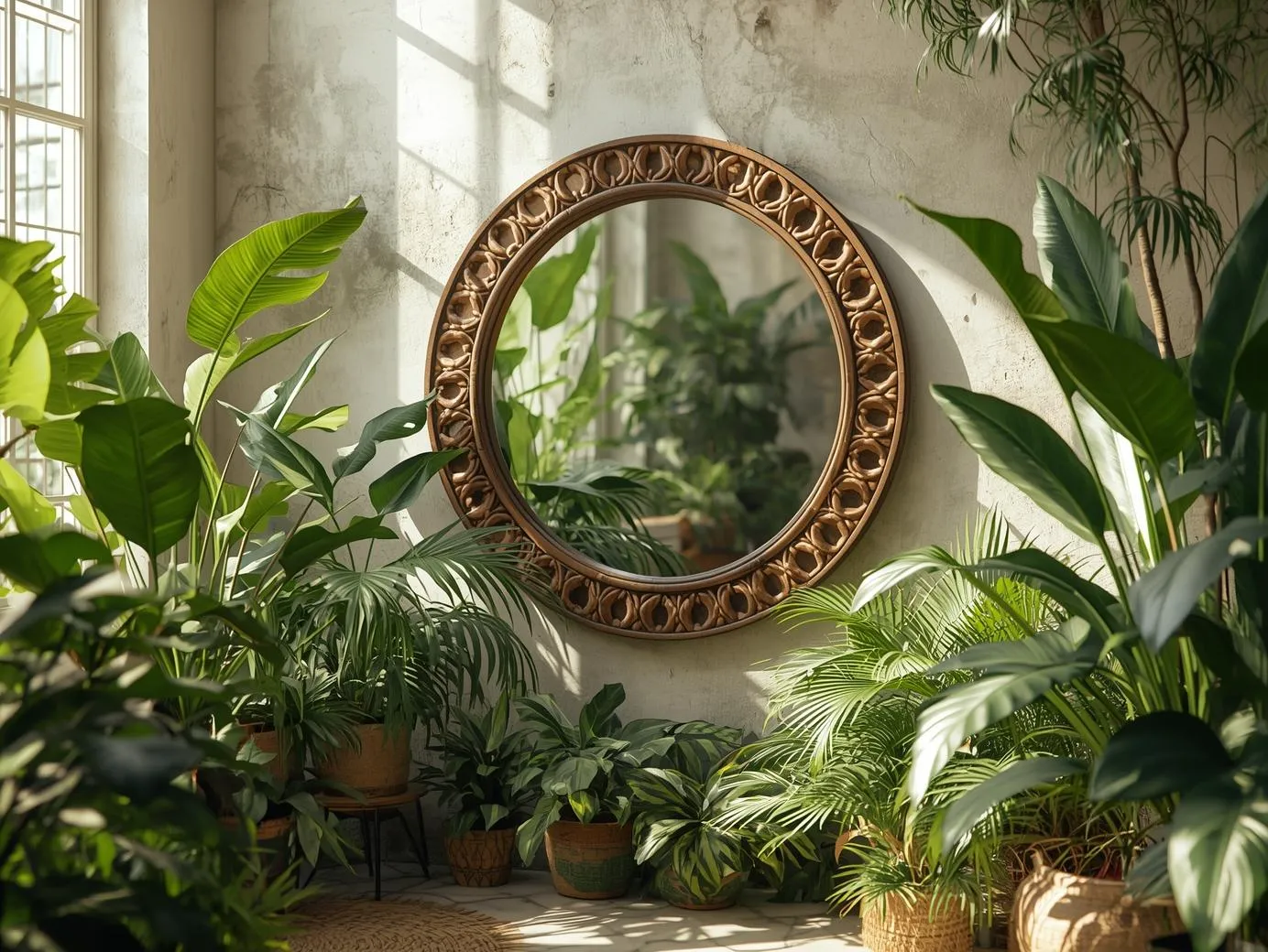  A living room featuring a tropical-inspired mirror reflecting plants for a jungle living room look.