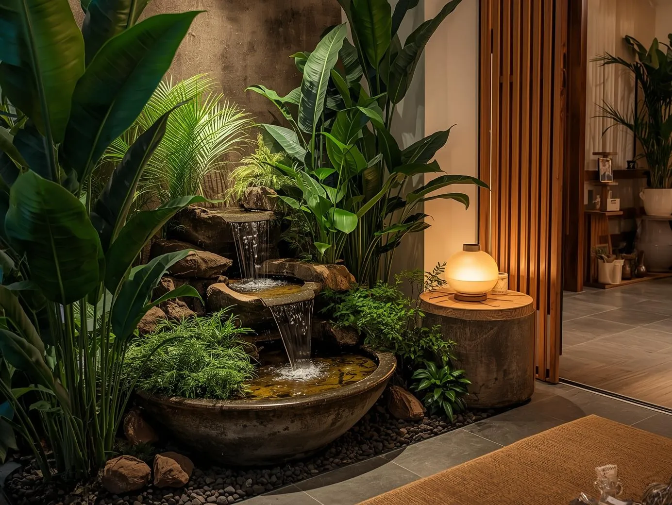 Indoor water feature surrounded by greenery in a tropical jungle living room.