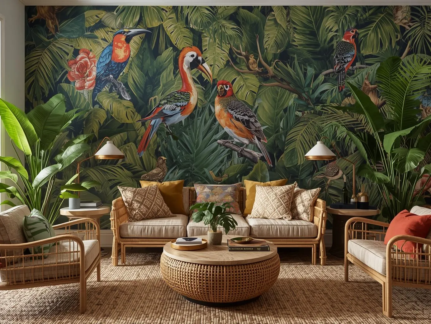 Tropical wildlife artwork in a jungle living room enhancing the theme.