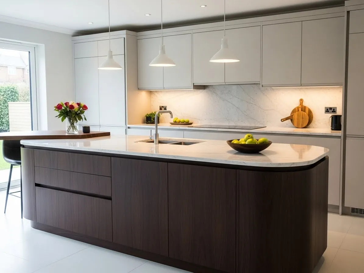 Two-tone curved kitchen island with dark base and light countertop
