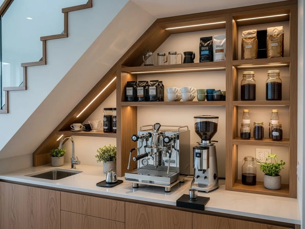 Under stair coffee bar with built-in shelves and modern styling
