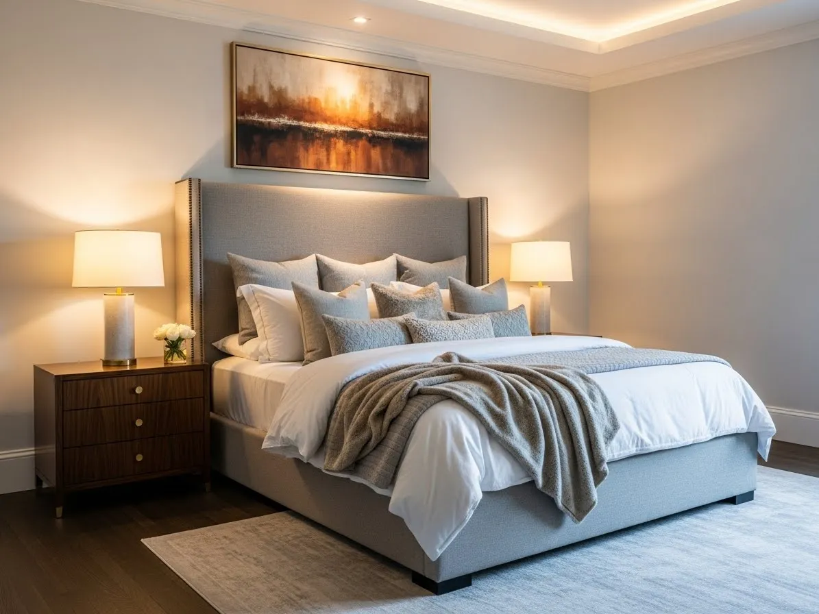 Upholstered luxury headboard in a cozy bedroom with soft pillows and elegant styling.