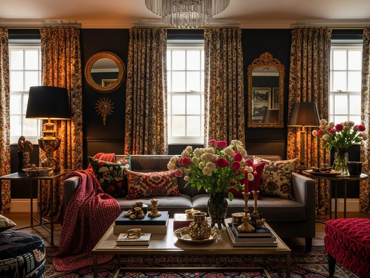 Maximalist living room with velvet sofa, rich colors, and layered home decor