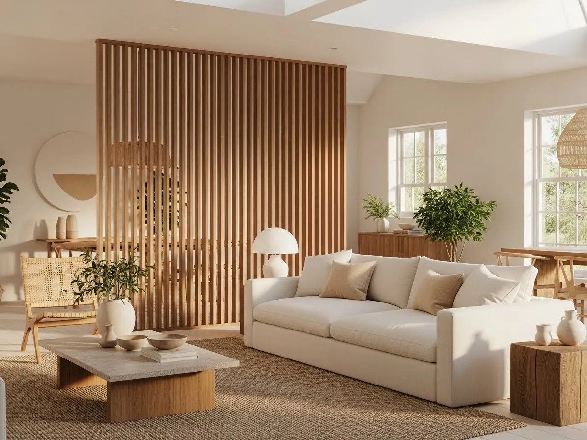 Open-plan room with vertical wooden slat partition for light and airy separation