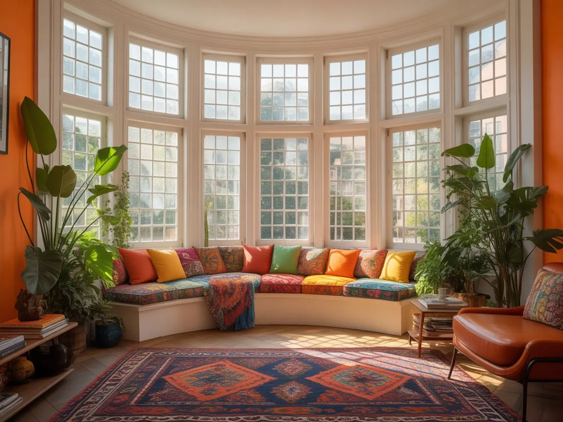 Bold and vibrant living room with bay window featuring colorful cushions, lush plants, and warm sunlight.