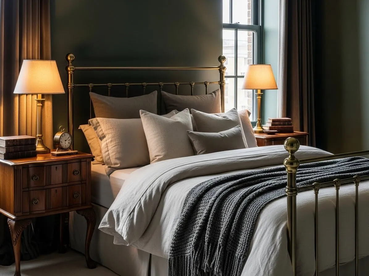 Vintage-inspired bed frame in a dark academia bedroom with warm lighting and classic decor