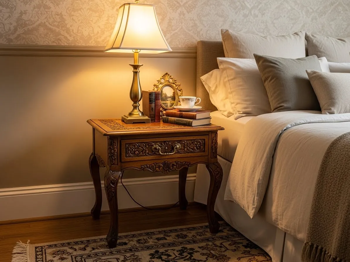 Vintage bedside table decor idea with classic and elegant bedroom styling