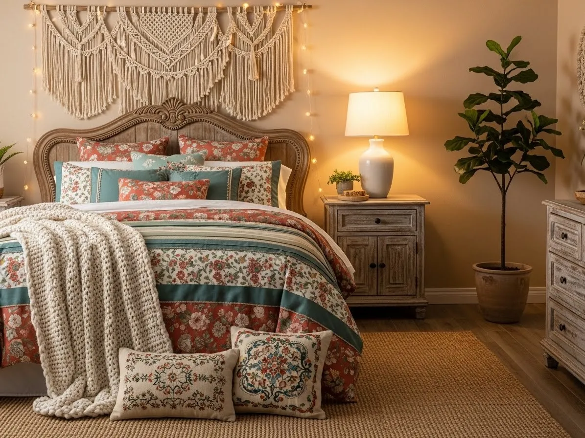 “Vintage boho coastal bedroom with floral patterns and macramé accents”