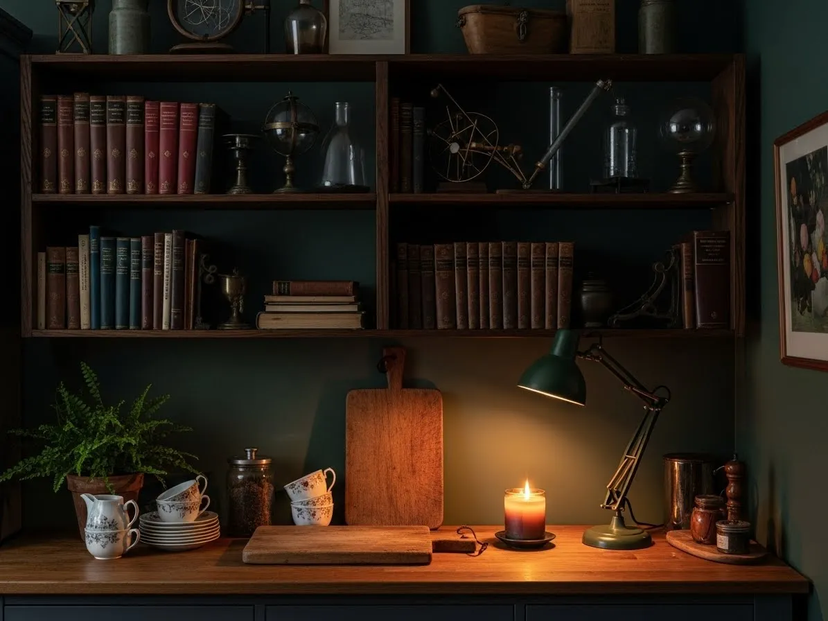 Vintage books styled as decor in a dark academia kitchen
