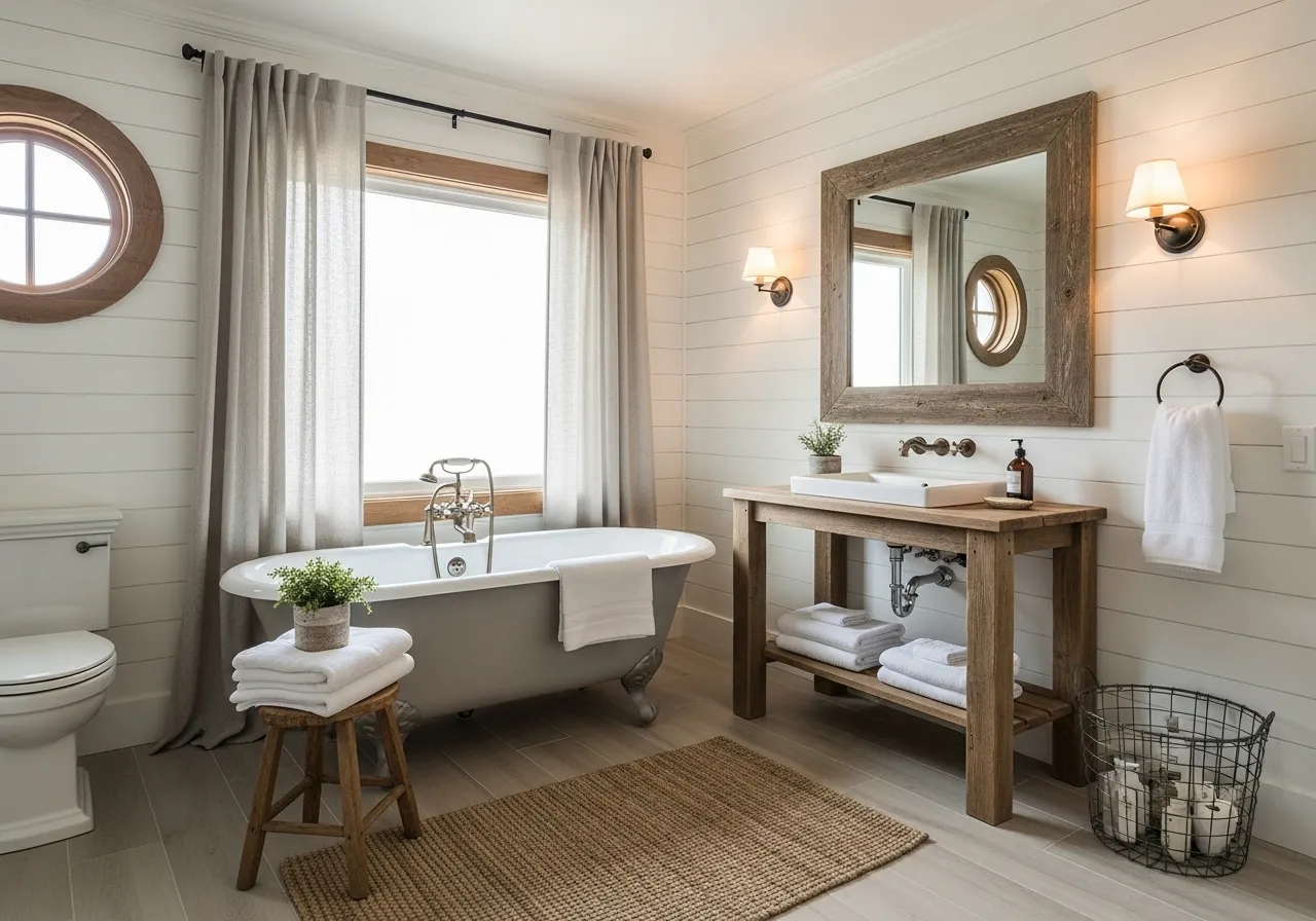 Cottage bathroom ideas with white shiplap walls