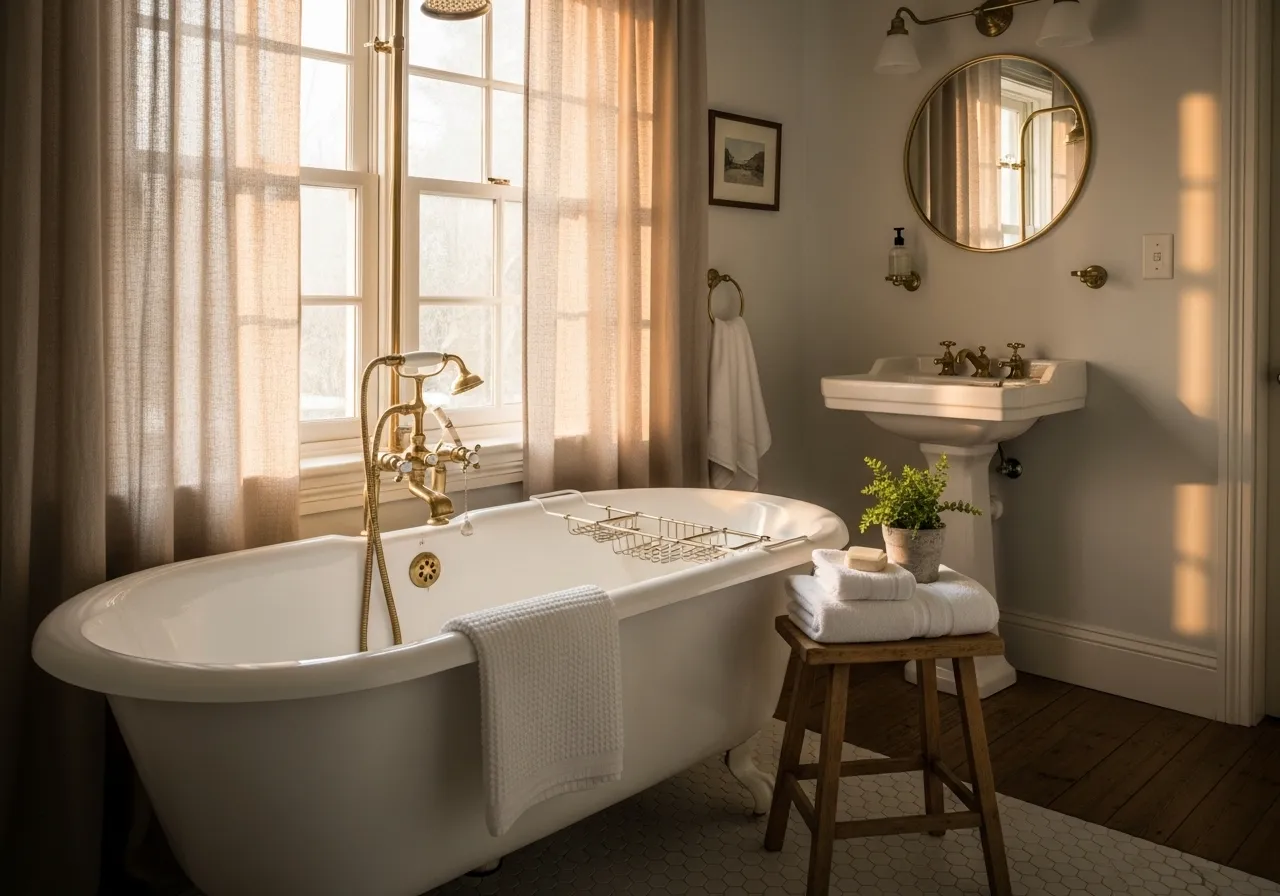 Vintage clawfoot tub in cozy cottage bathroom