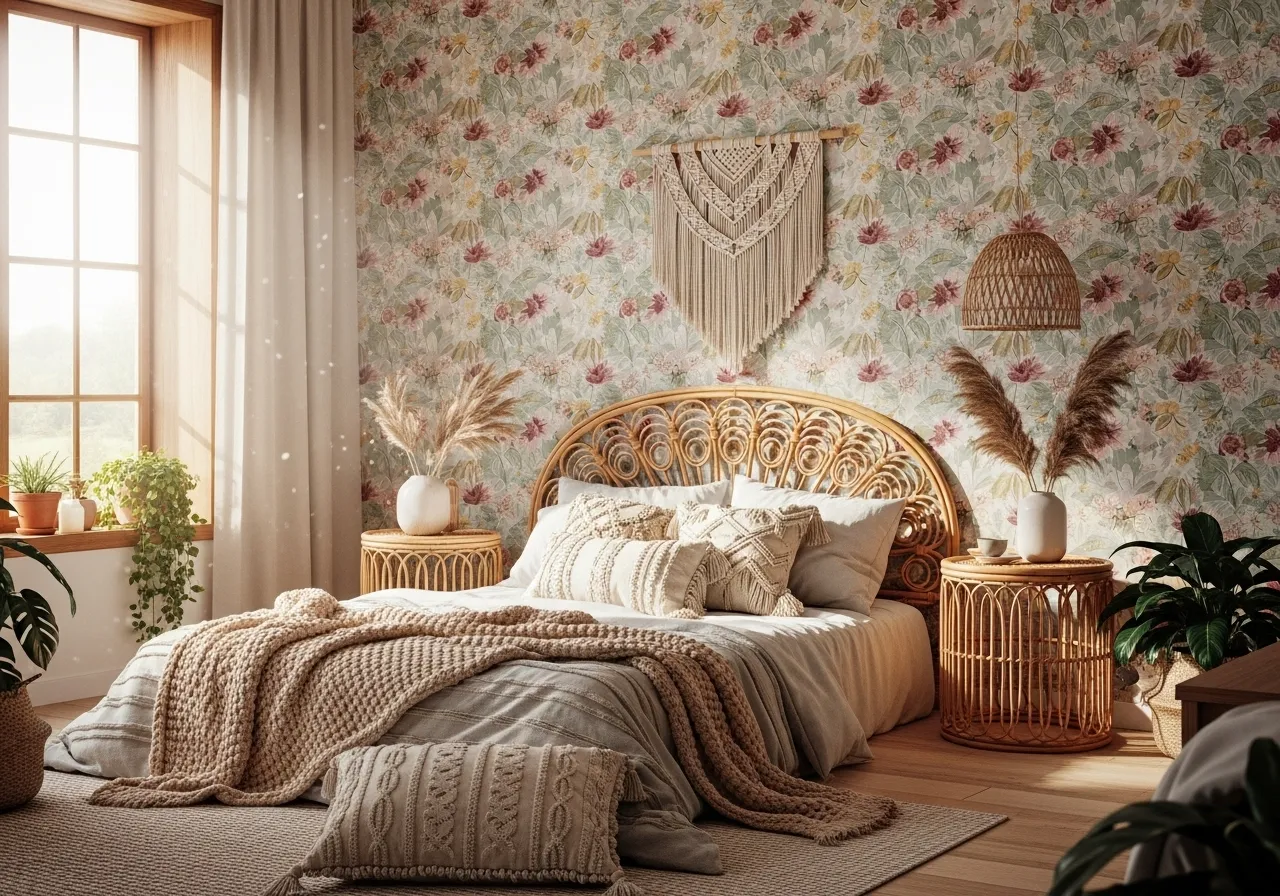 Boho bedroom with vintage floral wallpaper and cozy textures