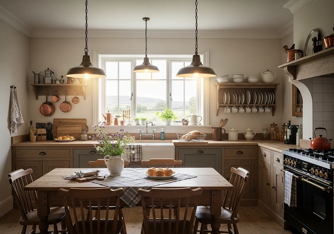 Country kitchen ideas with vintage pendant lighting and warm ambiance