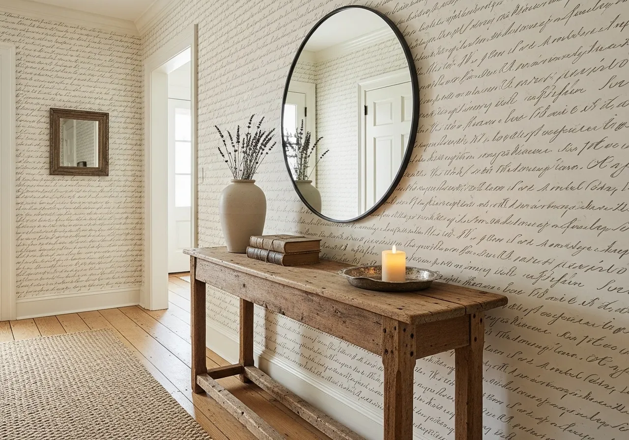 Vintage script farmhouse wallpaper ideas for rustic charm