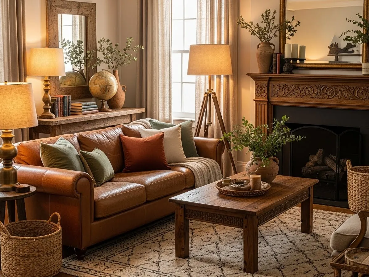 Warm earthy living room with vintage decor and a cozy lived-in feel