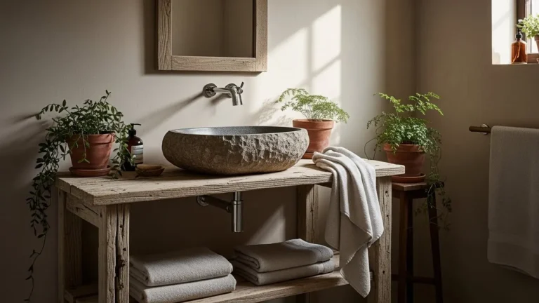 serene wabi sabi bathroom with wooden vanity, stone basin, and natural textures