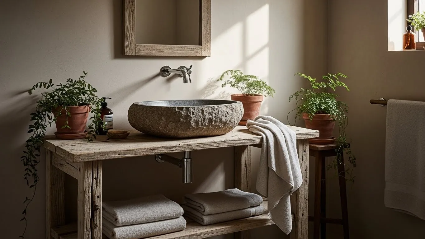 serene wabi sabi bathroom with wooden vanity, stone basin, and natural textures