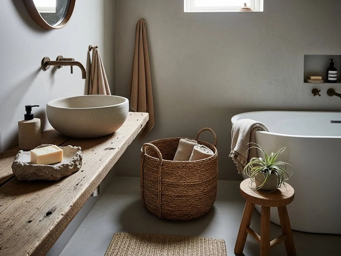 wabi sabi bathroom ideas with minimal handcrafted accessories