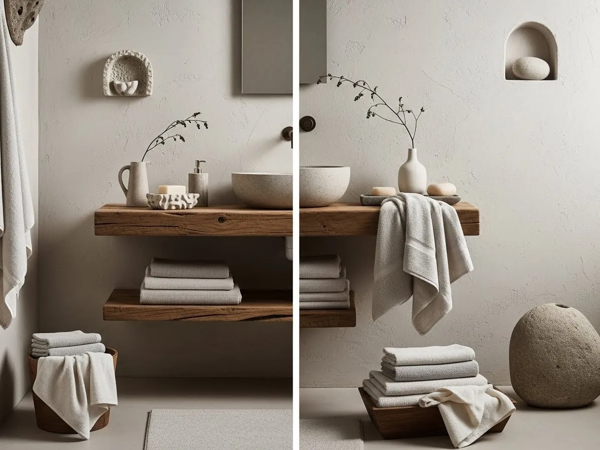 wabi sabi bathroom ideas with layered textures and neutral palette