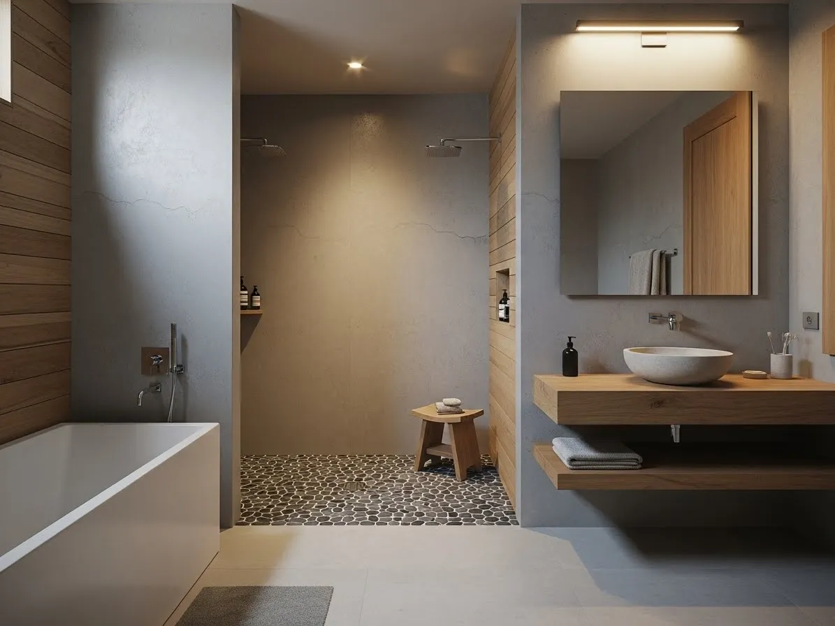 wabi sabi bathroom ideas featuring a pebble stone shower floor