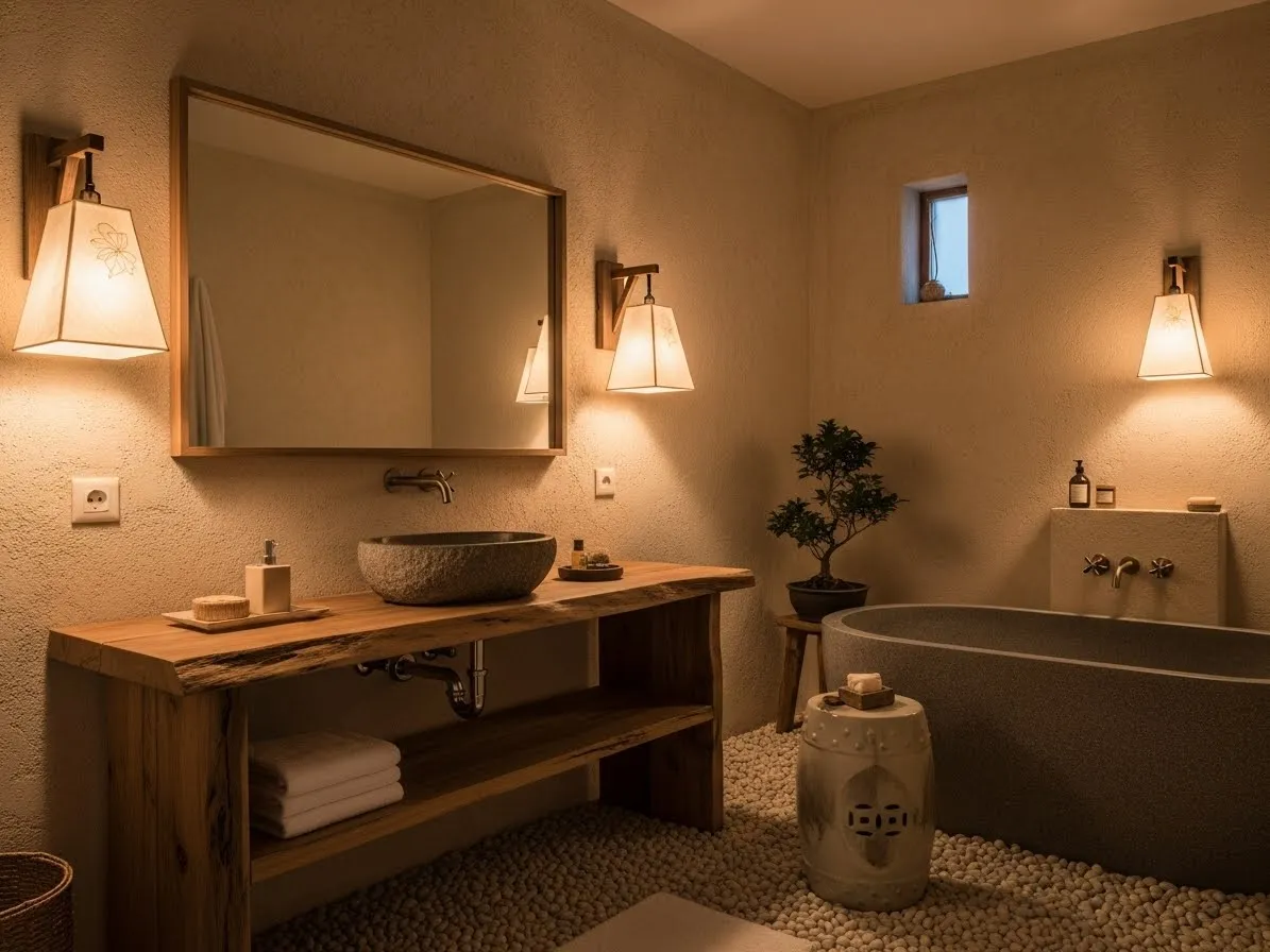 wabi sabi bathroom ideas with diffused ambient lighting and lantern sconces