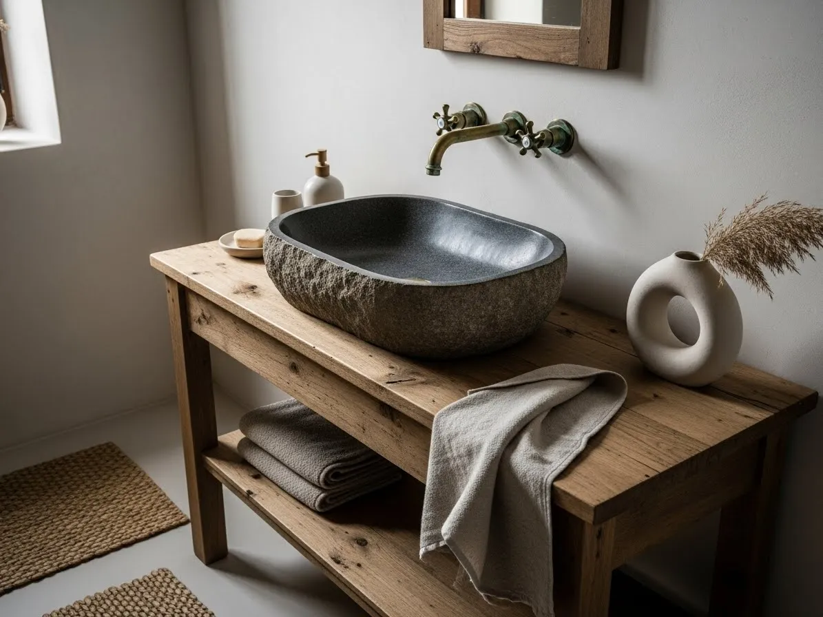 wabi sabi bathroom ideas with stone basin and aged brass fixtures