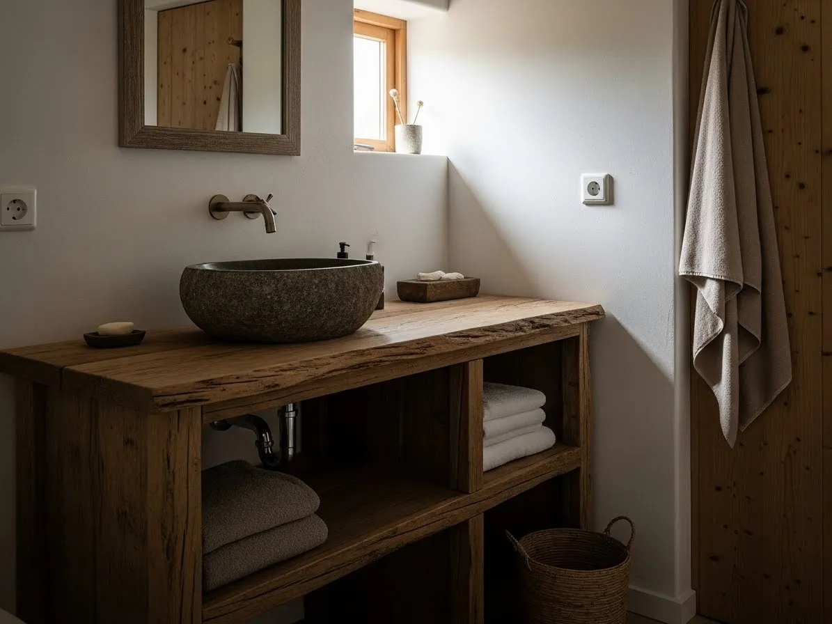 wabi sabi bathroom ideas with weathered wooden vanity and open shelving