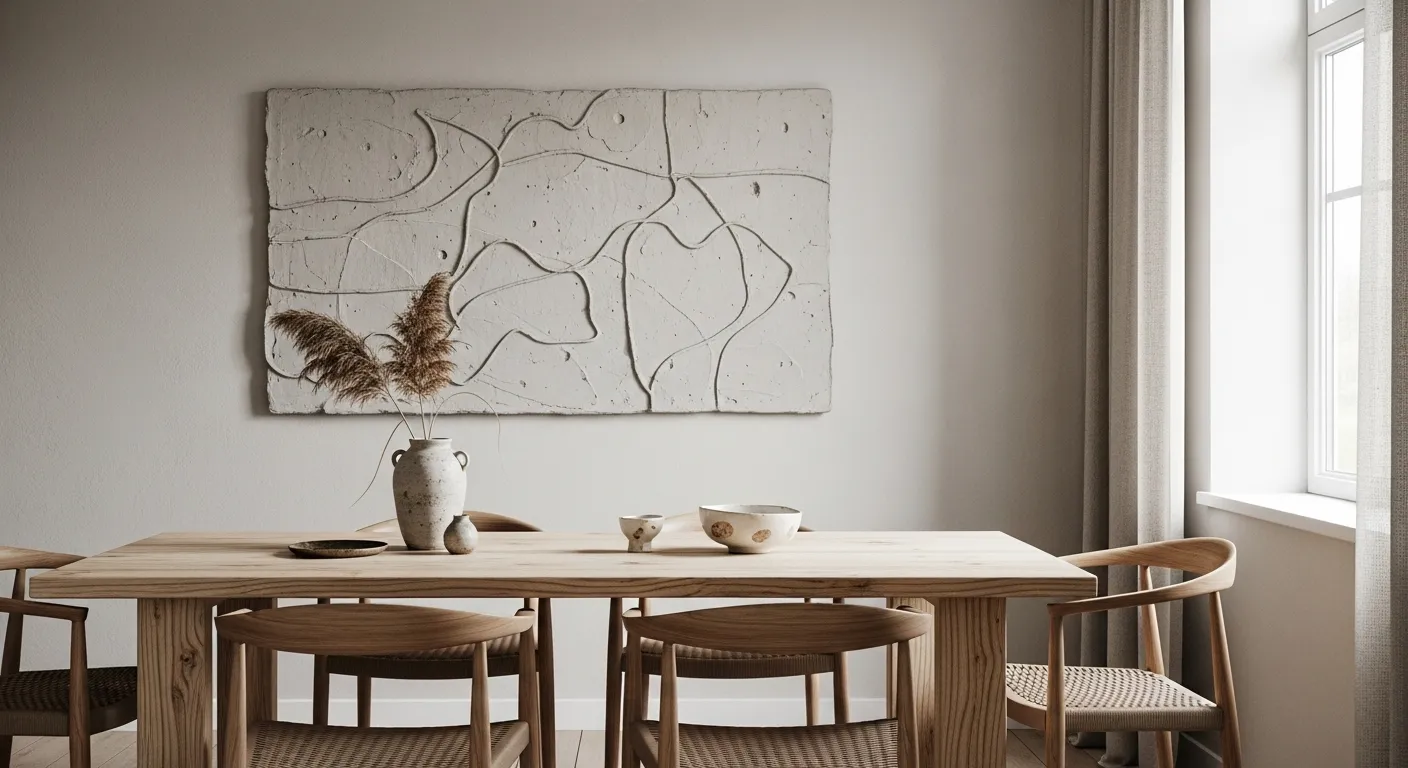 Wabi-sabi inspired wall decor in Japandi dining room ideas