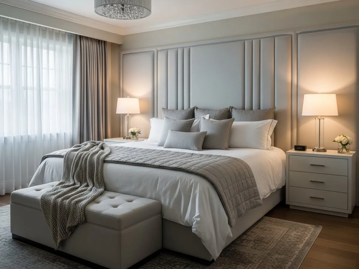 Wall-to-wall upholstered headboard creating a luxurious hotel-style bedroom feel.