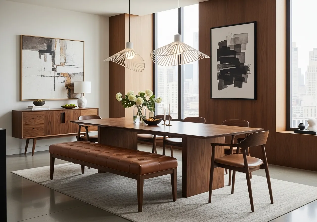 Walnut dining table with leather bench seating in a stylish dining room