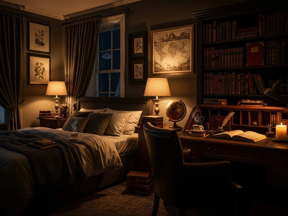 Warm ambient lighting creating a cozy and moody dark academia bedroom