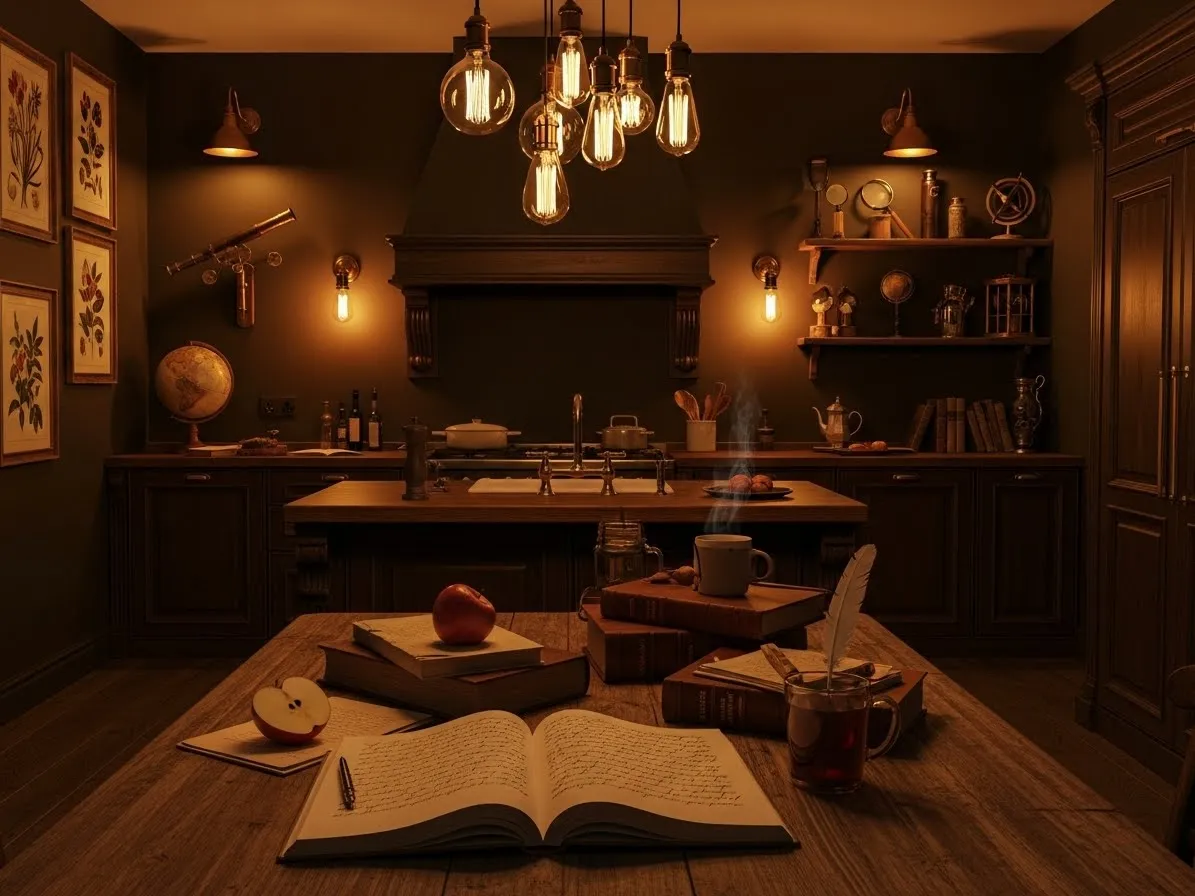 Warm ambient lighting in a dark academia kitchen with Edison bulbs and cozy glow