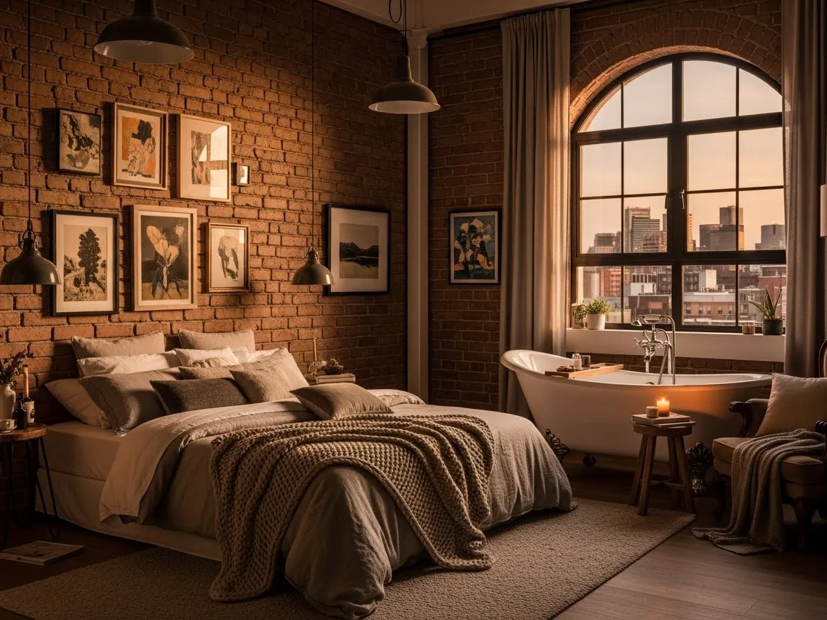 Warm brick loft bedroom with bathtub designed as a private spa retreat