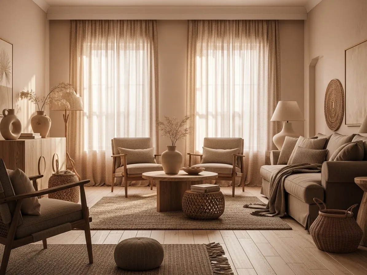 Warm earthy living room with natural light, beige tones, soft textures, and cozy organic decor