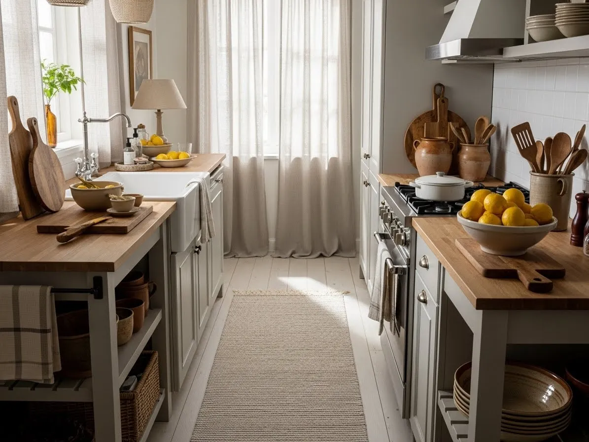Warm layered kitchen with rug and natural decor for amazing kitchen interior ideas