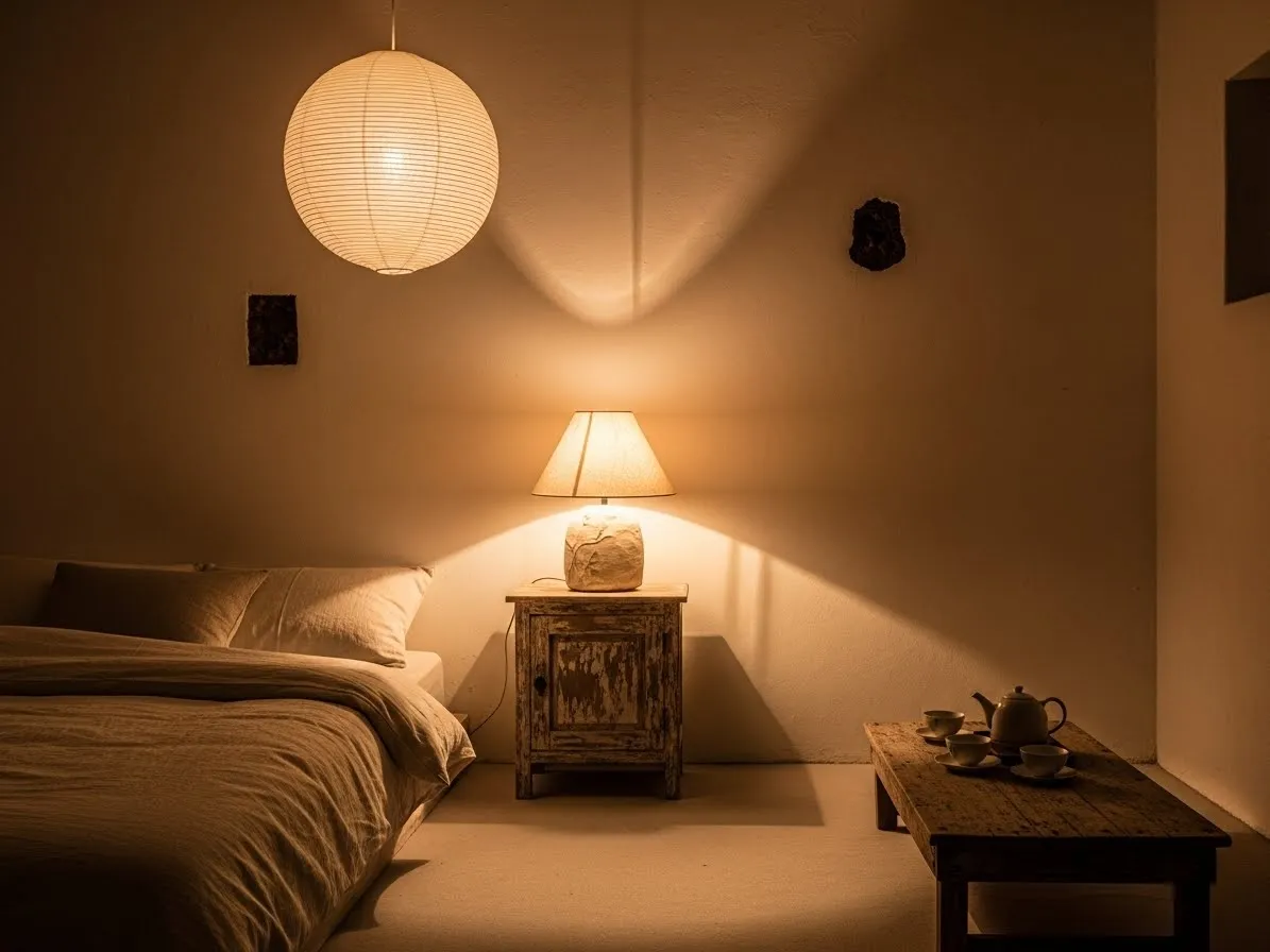 Warm soft lighting creating a peaceful and cozy wabi-sabi bedroom