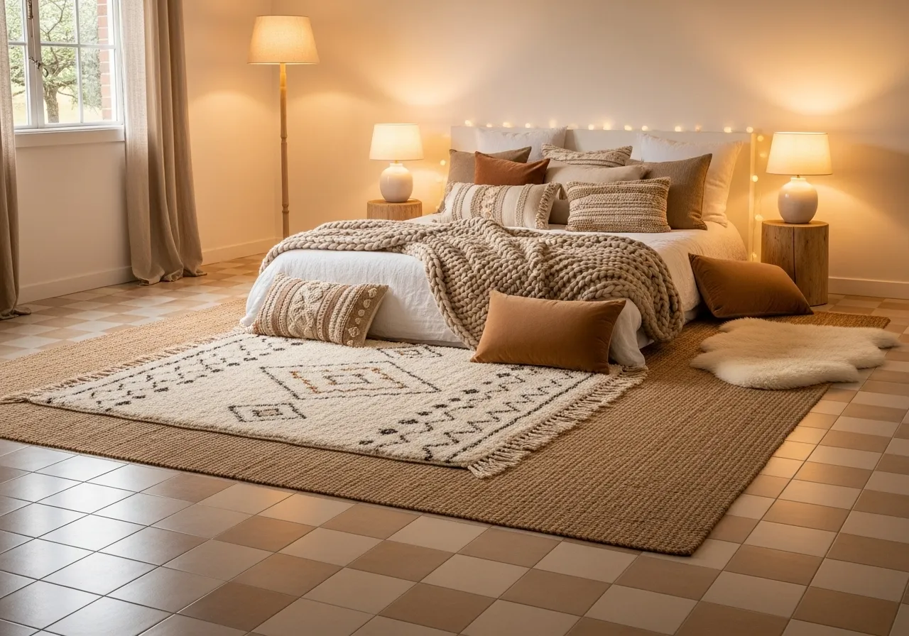 Warm-tone bedroom-with-tile-floor styled for a cozy and inviting feel