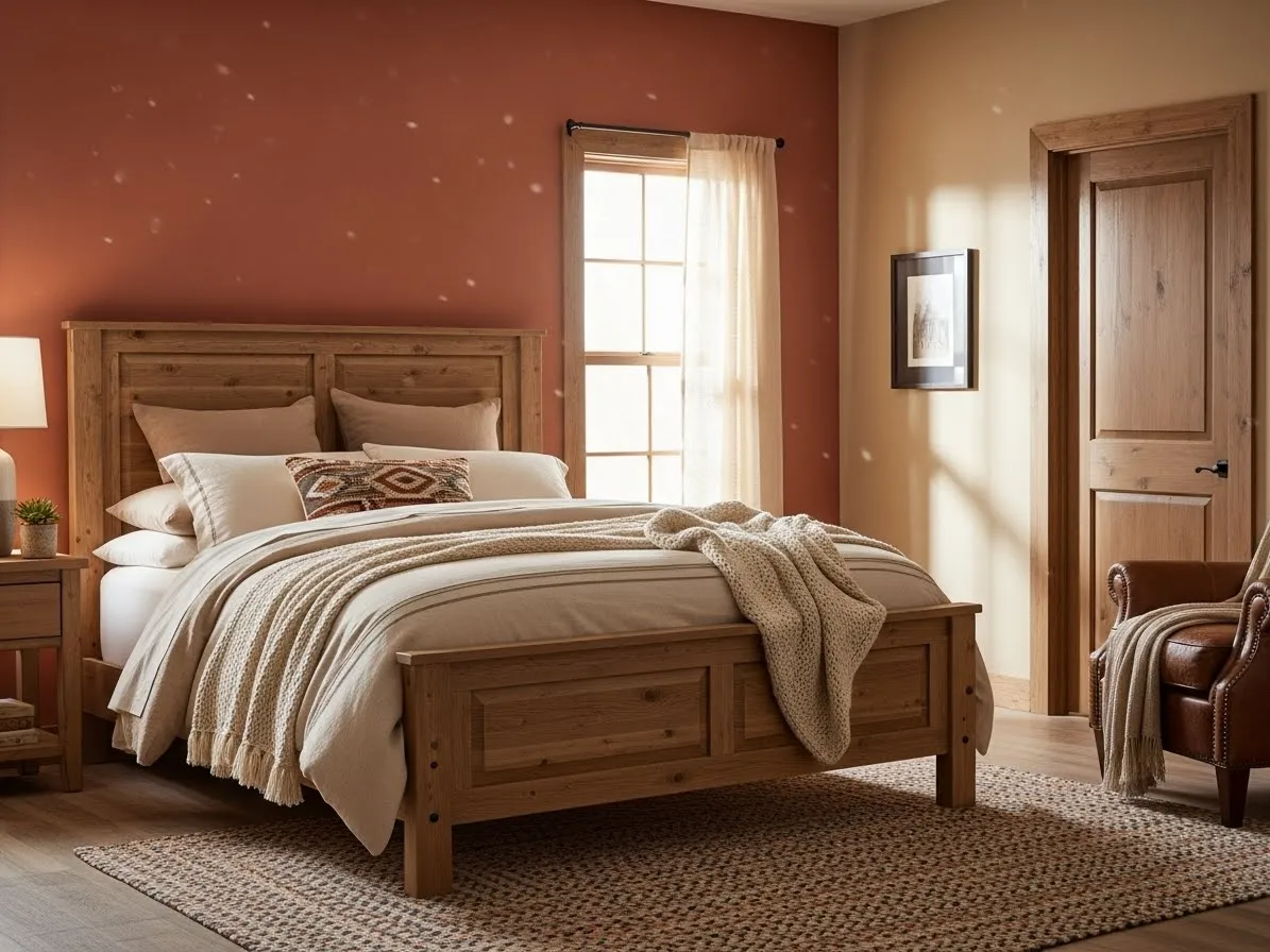 Western bedroom with warm earth-tone walls, rustic wood furniture, and cozy neutral bedding.